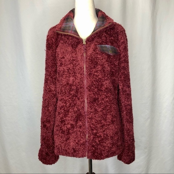 Pendleton NWT fuzzy jacket zip-up dark red plaid accents M - Picture 2 of 14
